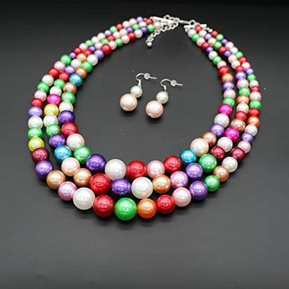 Chunky Layered Imitation Pearl Necklace for Women 3 strand Pearl Necklaces Faux Pearl Necklace Earrings Set 1920s Flapper Gatsby Costume Accessories - color: 3 strand pearl necklace colorful