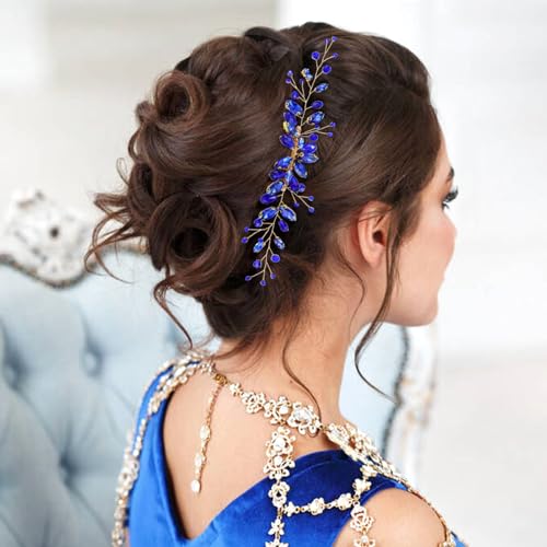 Dizila 7 Pieces Royal Blue Party Prom Wedding Bridal Crystal Rhinestone Vine Leaf Hair Side Combs + Rhinestone U-shaped Hair Pins Headpieces for Brides Bridesmaids Women Girls - color: Royal Blue