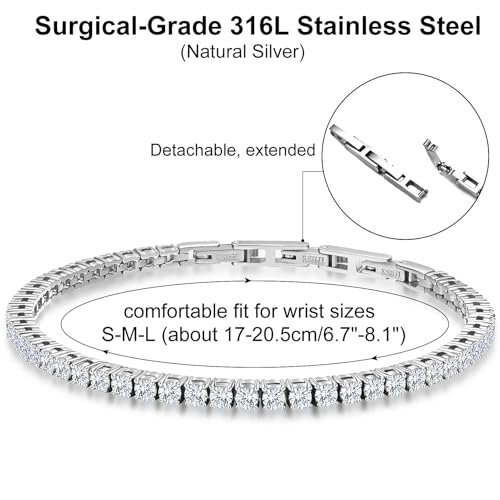 Stainless Steel Adjustable CZ Tennis Bracelet for Women Men | 14K Gold Plated, Round 3mm/4mm/5mm AAAA+ Cubic Zirconia, Dainty Classic, Festival Wedding Jewelry Gift - color: Steel, size: CZ 3mm