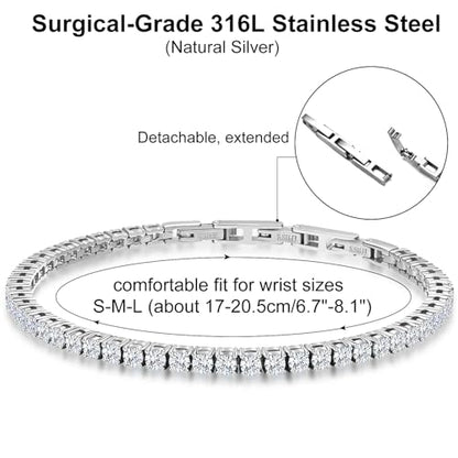 Stainless Steel Adjustable CZ Tennis Bracelet for Women Men | 14K Gold Plated, Round 3mm/4mm/5mm AAAA+ Cubic Zirconia, Dainty Classic, Festival Wedding Jewelry Gift - color: Steel, size: CZ 3mm