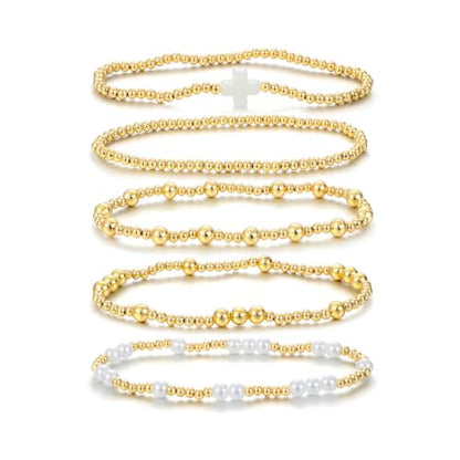 Dainty Gold Plated Pearl Crystal Beaded Bracelets Set for Women 14K Gold Plated Bead Pearl Beads Bracelet Stackable Paperclip Link Chain Bracelets Gold Plated Bracelets for Women Trendy Jewelry - color: Style4-gold bracelets set1