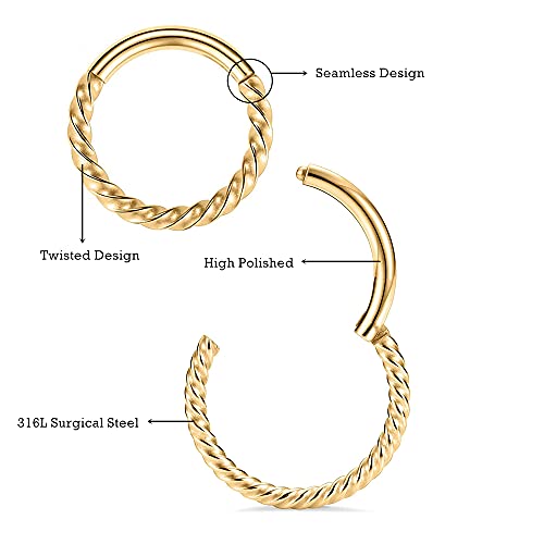 MissNity 316L Surgical Steel Hinged Nose Rings Hoop 20G 18G 16G 14G, Diameter 6mm to 10mm, Color Gold - Rose Gold - Silver - Black - Rainbow - color: C21: Gold - 1pc