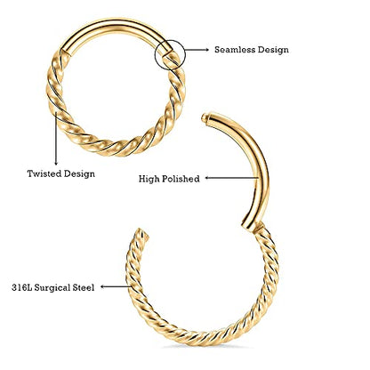 MissNity 316L Surgical Steel Hinged Nose Rings Hoop 20G 18G 16G 14G, Diameter 6mm to 10mm, Color Gold - Rose Gold - Silver - Black - Rainbow - color: C21: Gold - 1pc