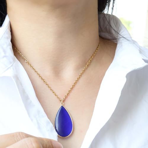 BaubleStar Teardrop Natural Crystal Healing Stone Pendant Necklace | Birthstone Quartz Necklace for Women, Multi-Color Available - color: Blue
