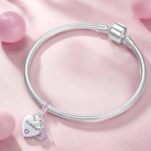 12 Months Birthstone Heart Charm Moon and Star Pendant Bead Compatible with Pandora Bracelet Women - style: October