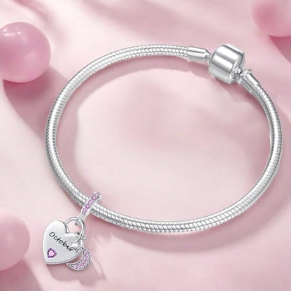 12 Months Birthstone Heart Charm Moon and Star Pendant Bead Compatible with Pandora Bracelet Women - style: October