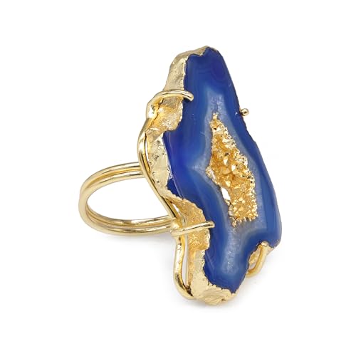 Ring Geode Druzy Slice Unique And Stylish Statement Gold Plated Jewelry Natural Gemstone Stone size 25-35 mm Approximately Adjustable Shank US Scale Size 6-9 - color: Blue