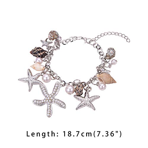 PH PandaHall Starfish Shell Anklet Bracelets, 7" Mermaid Bracelets Conch Starfish Pearl Anklet Bracelet Charm Bohemian Adjustable Shell Bracelet Mermaid Costume Jewelry for Women Christmas, Silver - color: Silver Bracelet