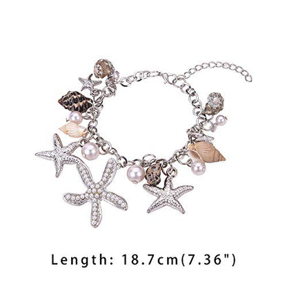 PH PandaHall Starfish Shell Anklet Bracelets, 7" Mermaid Bracelets Conch Starfish Pearl Anklet Bracelet Charm Bohemian Adjustable Shell Bracelet Mermaid Costume Jewelry for Women Christmas, Silver - color: Silver Bracelet