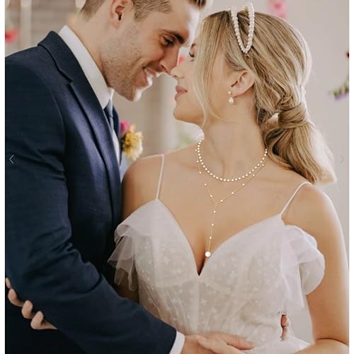 Layered Pearl Necklaces for Women 14K Gold Plated Trendy Faux Pearl Drop Y Necklace Dainty Pearl Choker Gold Layering Necklace,Jewelry Gift for Her,Mother,Wife,Girlfriend - style: Pearl Y Necklace