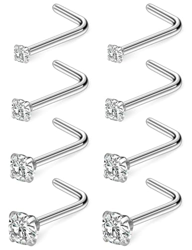 Hoeudjo Hypoallergenic Nose Rings Studs 24G Surgical Stainless Steel Cubic Zirconia Nose Studs for Women Men Screw & Bone & L Shaped Nostril Piercing Jewelry with 1.5mm 2mm 2.5mm 3mm CZ - color: silvertone,L-shaped nose studs