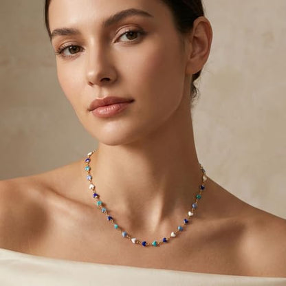 Gold Jewelry Set for Women, Dainty 18K Gold Plated Heart Necklaces Bracelets Set, Elegant Choker Necklaces Bracelets Trendy Valentine Anniversary Birthday Jewelry Gift - color: Blue
