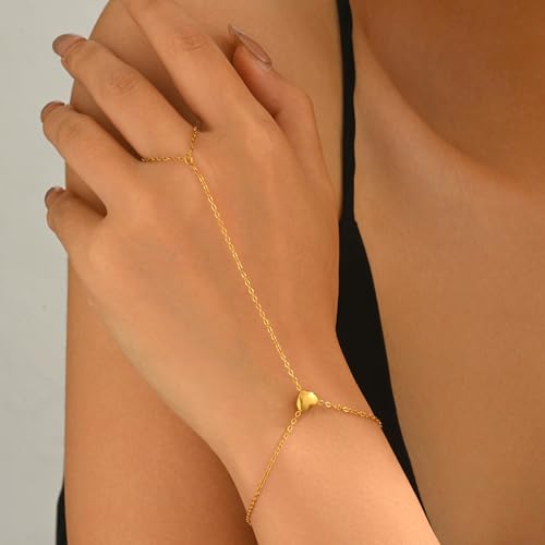 Gold Hand Chain Bracelet for Women 18K Gold Plated Stainless Steel Ring Bracelet Hand Chain with Pearl Star CZ Adjustable Hand Jewelry Chain Gifts - color: Y Heart-Gold