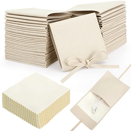 120 Pcs Microfiber Jewelry Pouch 8 x 8cm Jewelry Packaging Bag Gift Bow Tie Bracelet with Cleaning Cloth(Beige) - color: Beige