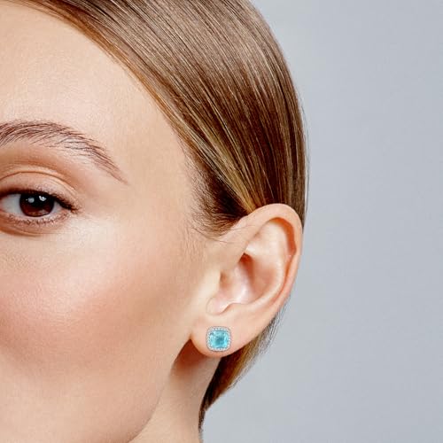 Square Cubic Zirconia Earrings Stud 7mm Birthstone Studs Earrings Hypoallergenic Princess Cut Earrings 925 Sterling Silver Post Studs Earrings for Women - color: aquamarine
