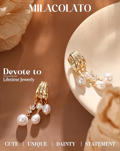 MILACOLATO 925 Sterling Silver Dangle Earrings for Women Hypoallergenic | Trendy 14K Gold Plated Triple Huggie Hoop Earrings Dainty Chain Drop Cubic Zirconia Earring Statement Hoops Fashion Jewelry - color: Pearl Chain New