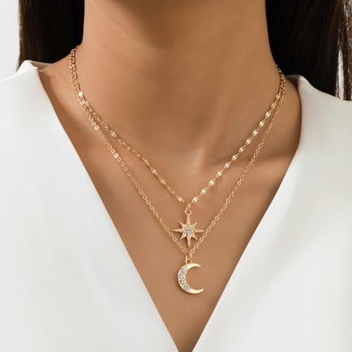 2 Pieces Celestial Layered Necklace Set, Gold-Plated Star and Moon Pendants with Crystal Accents, Dainty Chain