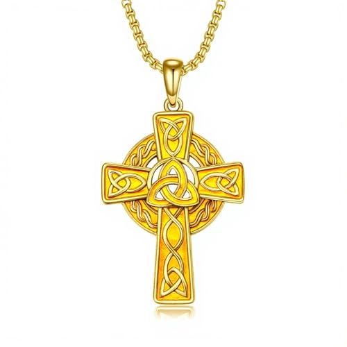 Celtic Cross Necklace For Men ，18K Gold Plated Celtic Cross Celtic Amulet Necklace Protection Jewelry Religious Gifts with 2.5mm 22"+2" Adjustable Rolo Chain - style: style1