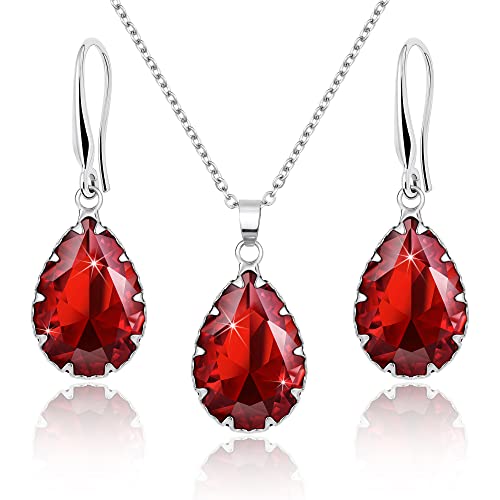 Linawe Crystal Jewelry Sets for Women, Imitation Diamond Pendant Necklace, Rhinestone Drop Dangle Earrings, Birthstone Cubic Zirconia Matching Wedding Jewelry, 14K Gold/Rose Gold/Silver Tones - color: Silver,Ruby,July