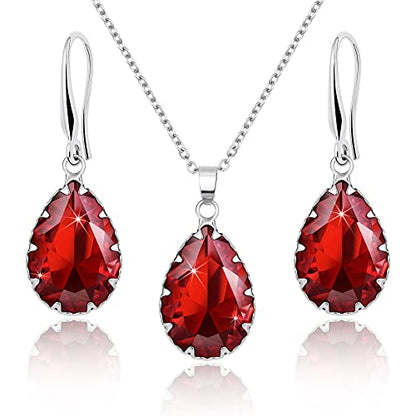 Linawe Crystal Jewelry Sets for Women, Imitation Diamond Pendant Necklace, Rhinestone Drop Dangle Earrings, Birthstone Cubic Zirconia Matching Wedding Jewelry, 14K Gold/Rose Gold/Silver Tones - color: Silver,Ruby,July