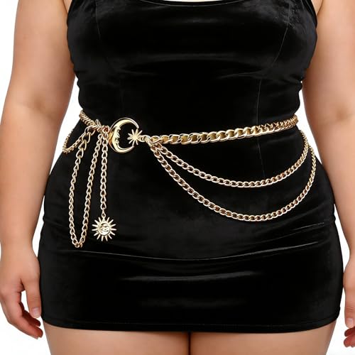 Gold Chain Belt - Fashion Waist Chain Belt with Moon, Butterfly Rhinestone & Layered Design - color: A1-Moon layered-gold
