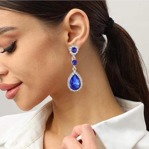Gorgeous Austrian Crystal Rhinestone Wedding Bridal Teardrop Drop Dangle Earrings - color: Sapphire Blue