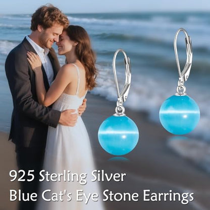 925 Sterling Silver Pearl Leverback Earrings Dangle Drop Jewelry Gifts for Women - style: Blue Cat's Eye