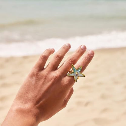 Vintage Starfish Shell Open Rings for Women Stainless Steel Gold Plated Boho Blue Ocean Sea Conch Animal Adjustabel Statement Finger Band Rings Comfirm Fit Summer Beach Holiday Fashion Jewelry
