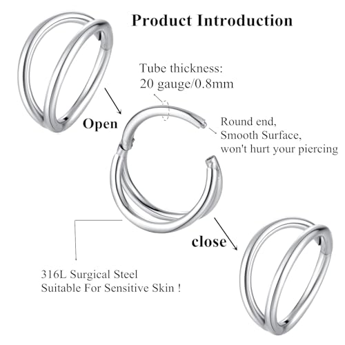 ORANGELOVE Double Hoop Nose Ring 18G 16G 316L Surgical Steel Cartilage Earring Septum Jewelry Seamless Hinged Clicker Segment Ring Conch Daith Tragus Helix Rook Piercing Earring Lip Ring - color: Silver, size: 1pc 20 Gauge 10mm
