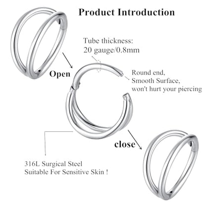 ORANGELOVE Double Hoop Nose Ring 18G 16G 316L Surgical Steel Cartilage Earring Septum Jewelry Seamless Hinged Clicker Segment Ring Conch Daith Tragus Helix Rook Piercing Earring Lip Ring - color: Silver, size: 1pc 20 Gauge 10mm