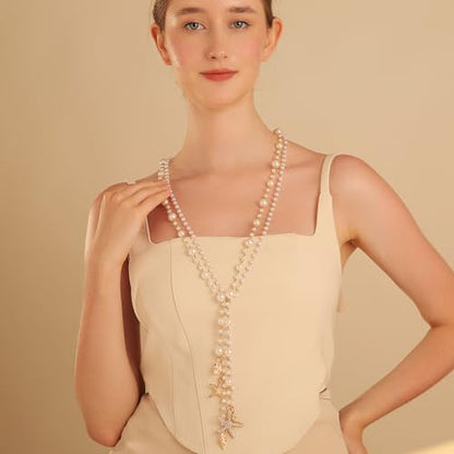 Simulated Pearl Strand Layered Necklace for Women, Multi Strand Long Necklace, Dainty Sweater Necklace for Party Costume Jewelry - style: Starfish