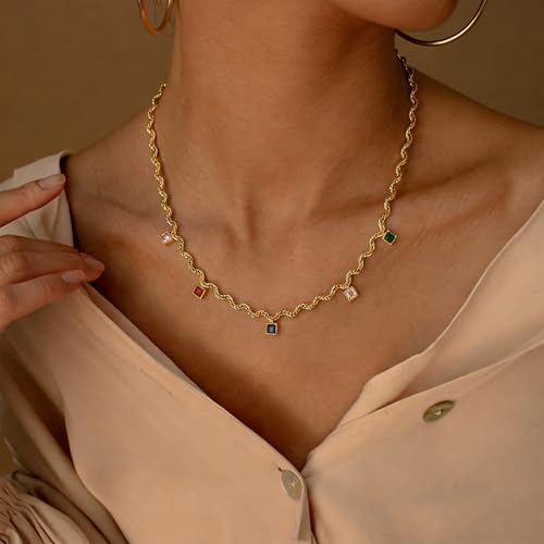 Hipunk Women Gold Plated Stainless Steel Wave Rope Chain Collar Necklace with Colorful Zirconia Flower Heart Charms Choker, Adjustable 16+2 Inch - color: square