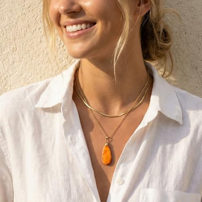 Joya Love 14K Gold Plated Healing Stone Teardrop Pendant Necklace for Women, Waterproof Stainless Steel Chain, Colorful Natural Stone Look, Boho Spiritual Jewelry Gift - color: Orange -Gold