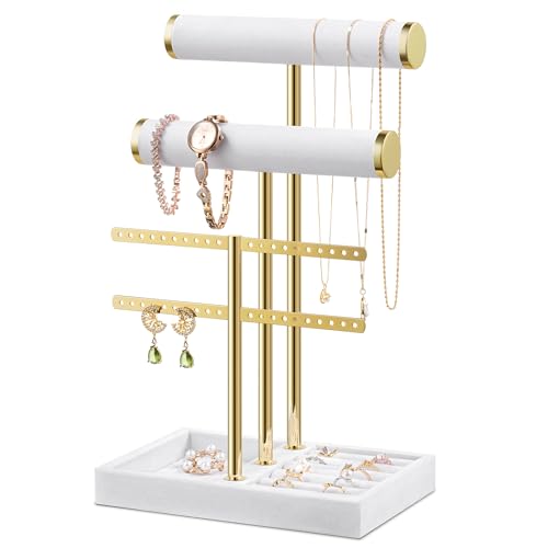 Bracelet Holder Jewelry Organizer Display - 3 Tier T Bar Velvet Stand, Black Jewelry Storage for Bracelet, Necklaces, Earrings, Rings, Watches - color: White