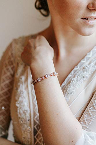 SWEETV Wedding Teardrop Bracelets for Brides Bridesmaids, Crystal Cubic Zirconia Bridal Bracelets for Women Prom - color: Rose Gold