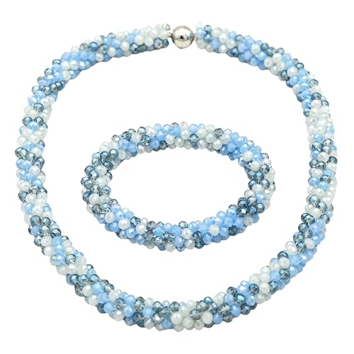 Hand Knotted Beads Statement Necklace Bracelet Jewelry Set Artificial Crystal Choker for Women- Handmade Beaded Strand Sparkly Faceted Crystal Rondelle-17inches, 30 Colors - color: BLue&Gray Set