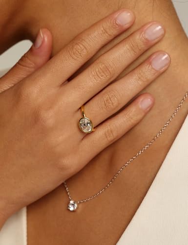 EAMTI 3CT Engagement Rings for Women Oval Cut CZ Solitaire Promise Wedding Bands Travel Bezel East West Ring 14K Gold Plated Size 4-10 - color: Brass-Gold