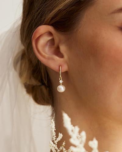 Pearl Earrings for Women Trendy Dainty Wedding Earring 14K Gold Plated/Silver Plated Dainty Cute Drop Dangle Pearl Earrings Studs Hypoallergenic CZ Diamond Wedding Earrings for Brides Prom Jewelry Gift for Women - color: 04.Gold hoop