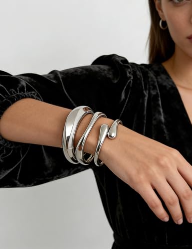 Chunky Gold Bangle Bracelets for Women, Dainty 14k Gold Plated Big Stackable Bangles Set, Trendy Statement Cuff Bracelet Stack Fashion Jewelry Gifts - style: A1-silver