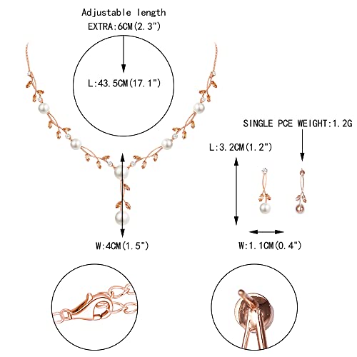 EVER FAITH Cubic Zirconia Pearl Leaf Vine Wedding Jewelry Set for Bride | Crystal Filigree Bridal Necklace Earrings, for Women Bridesmaid - color: 2pcs_Champagne Rose Gold-Plated-Brass