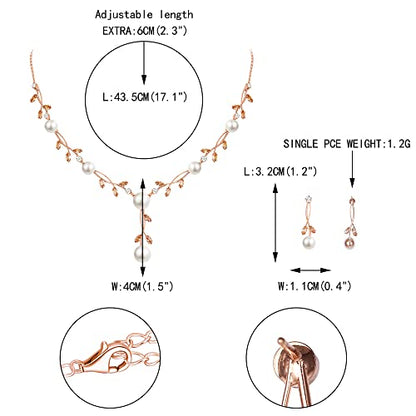 EVER FAITH Cubic Zirconia Pearl Leaf Vine Wedding Jewelry Set for Bride | Crystal Filigree Bridal Necklace Earrings, for Women Bridesmaid - color: 2pcs_Champagne Rose Gold-Plated-Brass