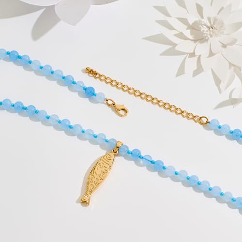 Fish Necklace for Women Gold Plated Fish Pendant Adjustable Necklace Bohemian Beach Jewelry - style: boho blue bead