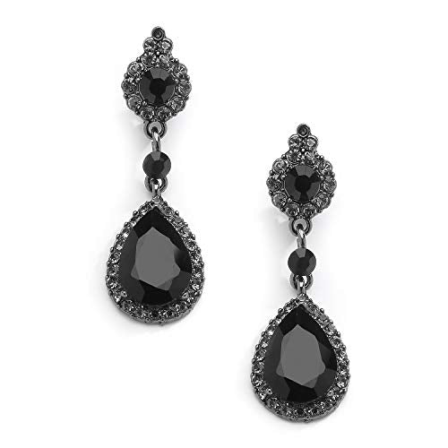 Mariell Black Crystal Teardrop Dangle Earrings, Jewlery for Brides, Bridesmaids, Prom and Wedding Parties - color: Black Clip On