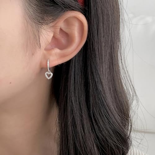 CZ Heart Small Sleeper Hoop Earrings for Women 925 Sterling Silver Crystal With Charms Cute Love Hearted Dangle Drop Earring Cartilage Cuffs Studs Delicate Valentine's Day Jewelry Gifts Hypoallergenic Huggie