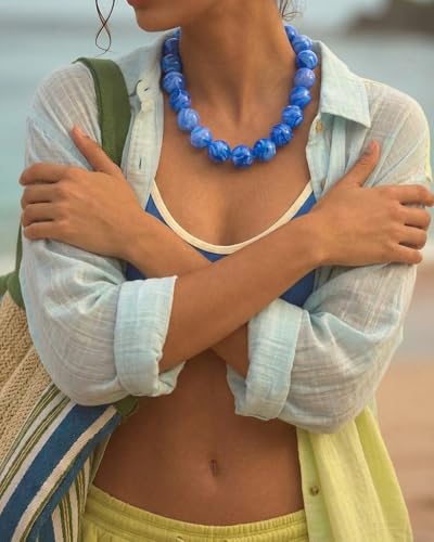 Chunky Beaded Choker Necklace for Women Boho Statement Necklace with Large Pearl Blue Brown Tone Resin Beads Summer Beach Jewelry Gifts - color: Light Blue