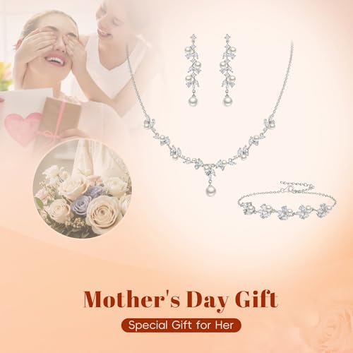 EleQueen Women's Simulated Pearl Wedding Jewelry Set for Brides | Cubic Zirconia Necklace Earrings Bracelet Set for Brides Bridesmaids, Bridal Jewelry Set for Anniversary/Memorial Day - style: Pearl Necklace Earrings Bracelet