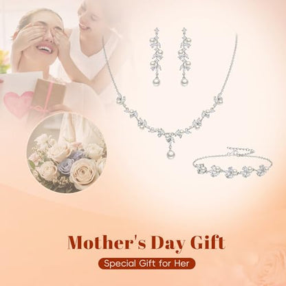 EleQueen Women's Simulated Pearl Wedding Jewelry Set for Brides | Cubic Zirconia Necklace Earrings Bracelet Set for Brides Bridesmaids, Bridal Jewelry Set for Anniversary/Memorial Day - style: Pearl Necklace Earrings Bracelet