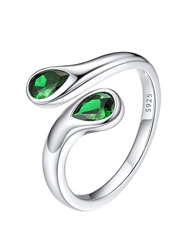 Bestyle Silver Birthstone Ring for Women, Dainty Sterling Silver Teardrop Ring Open Adjustable Band Ring, Love Statement TOI et Moi Ring Promise Ring for Her - color: 05.May( Emerald)