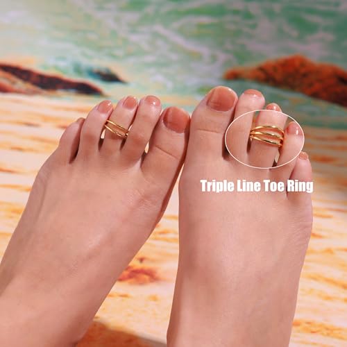 PLOMFOV 14K Gold Filled Gold Toe Rings for Women Adjustable Toe Rings Non Tarnish Solid 14K Real Gold Toe Ring - style: Triple Line