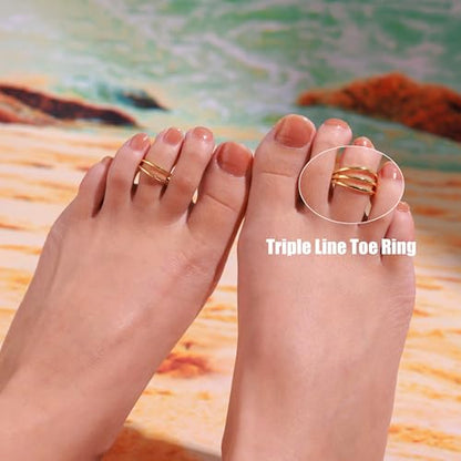 PLOMFOV 14K Gold Filled Gold Toe Rings for Women Adjustable Toe Rings Non Tarnish Solid 14K Real Gold Toe Ring - style: Triple Line